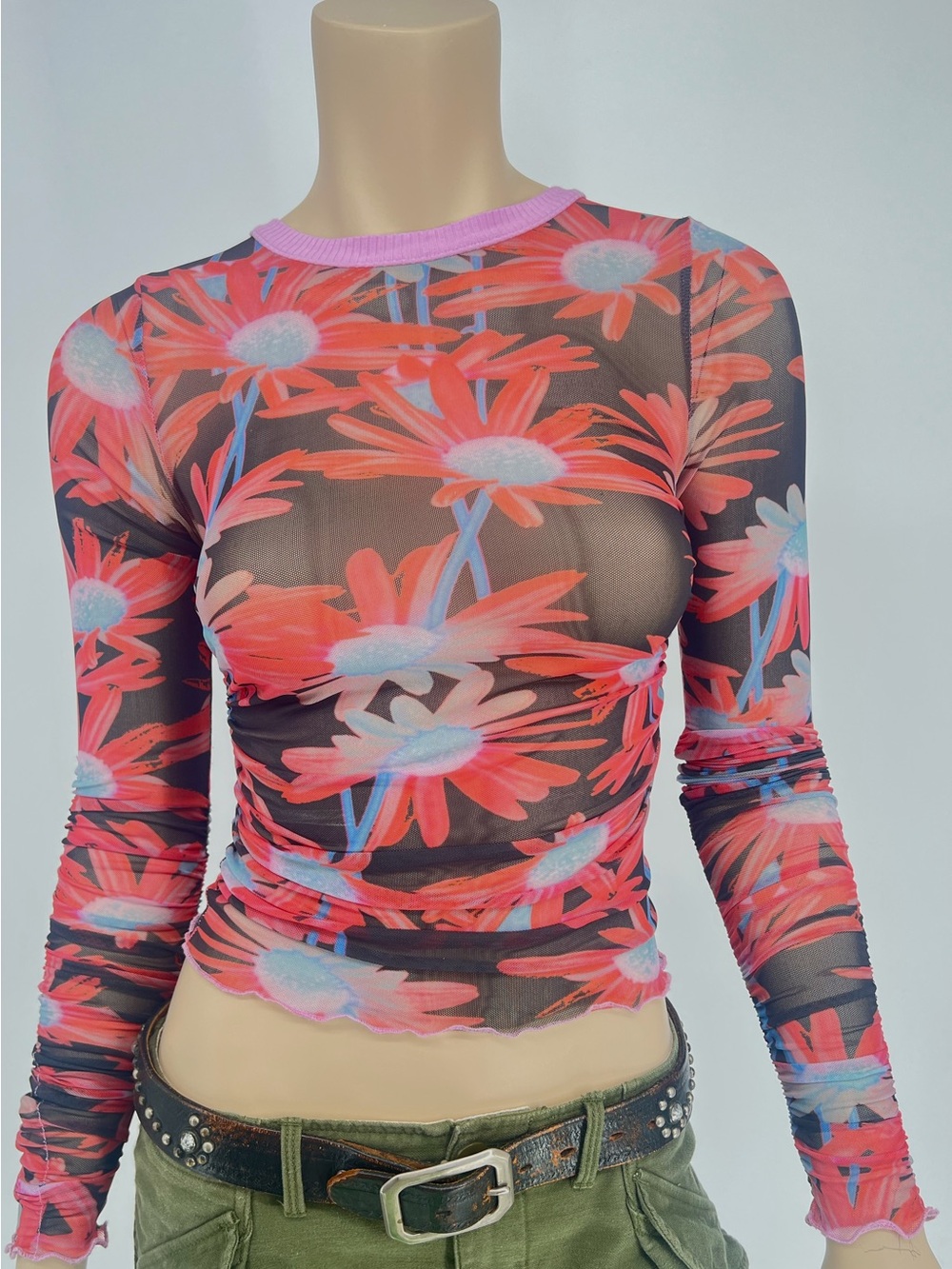 Urban Outfitters Sheer Floral Mesh Long-Sleeve Top - Pink & Black fairy, raver, - Picture 1 of 6